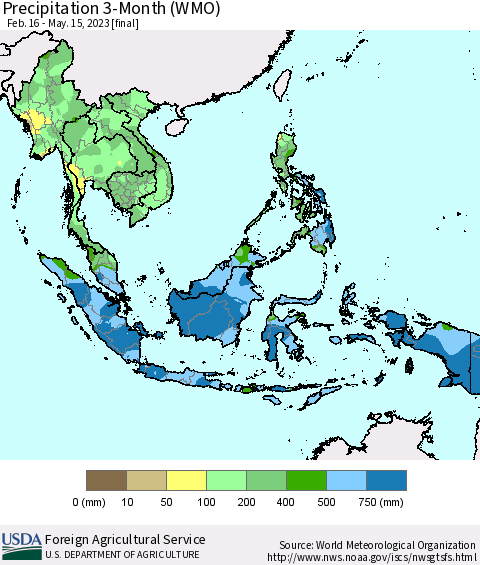 South East Asia Precipitation 3-Month (WMO) Thematic Map For 2/16/2023 - 5/15/2023
