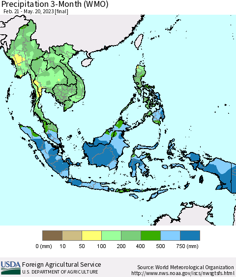 South East Asia Precipitation 3-Month (WMO) Thematic Map For 2/21/2023 - 5/20/2023