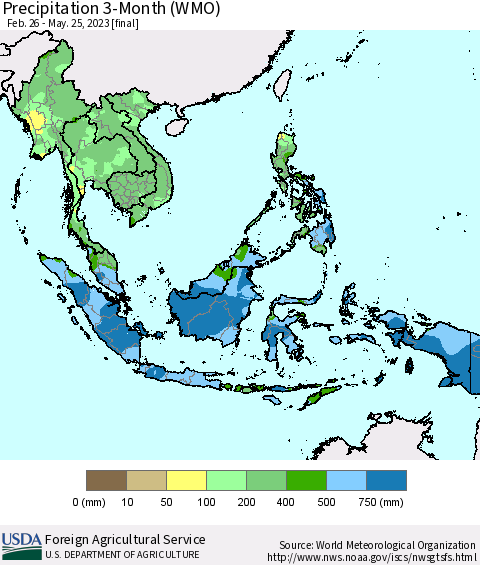 South East Asia Precipitation 3-Month (WMO) Thematic Map For 2/26/2023 - 5/25/2023
