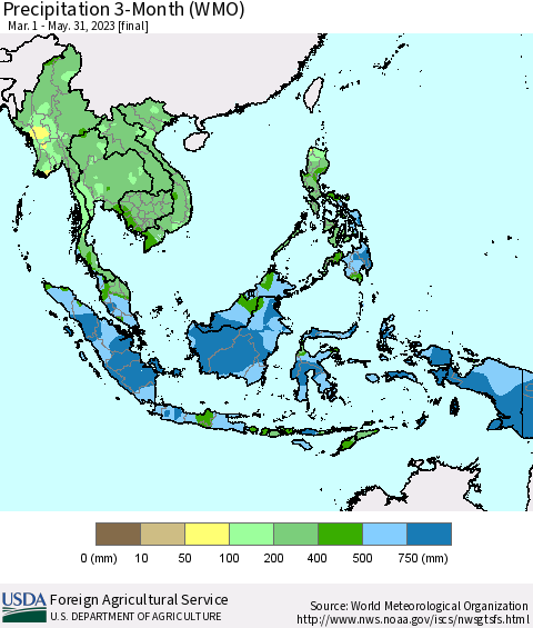 South East Asia Precipitation 3-Month (WMO) Thematic Map For 3/1/2023 - 5/31/2023