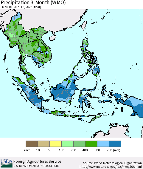South East Asia Precipitation 3-Month (WMO) Thematic Map For 3/16/2023 - 6/15/2023