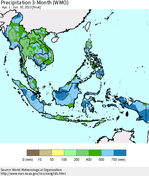 South East Asia Precipitation 3-Month (WMO) Thematic Map For 4/1/2023 - 6/30/2023