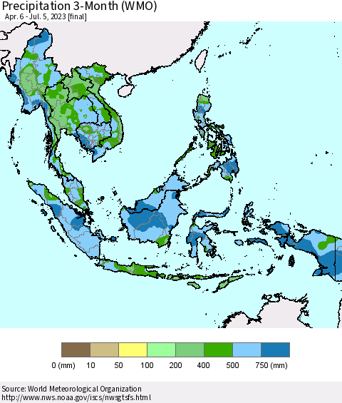 South East Asia Precipitation 3-Month (WMO) Thematic Map For 4/6/2023 - 7/5/2023