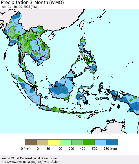 South East Asia Precipitation 3-Month (WMO) Thematic Map For 4/11/2023 - 7/10/2023