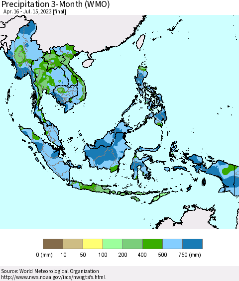 South East Asia Precipitation 3-Month (WMO) Thematic Map For 4/16/2023 - 7/15/2023