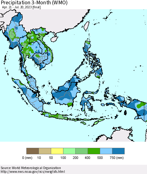 South East Asia Precipitation 3-Month (WMO) Thematic Map For 4/21/2023 - 7/20/2023