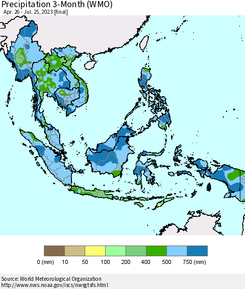South East Asia Precipitation 3-Month (WMO) Thematic Map For 4/26/2023 - 7/25/2023