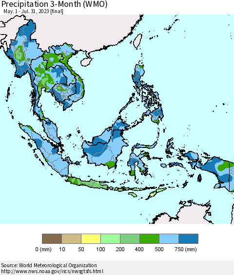 South East Asia Precipitation 3-Month (WMO) Thematic Map For 5/1/2023 - 7/31/2023