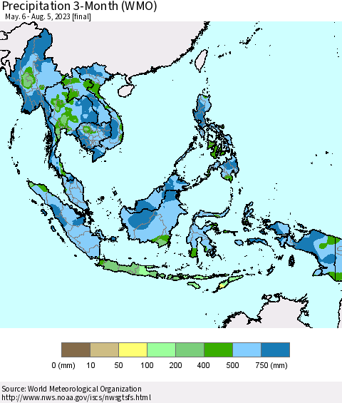 South East Asia Precipitation 3-Month (WMO) Thematic Map For 5/6/2023 - 8/5/2023