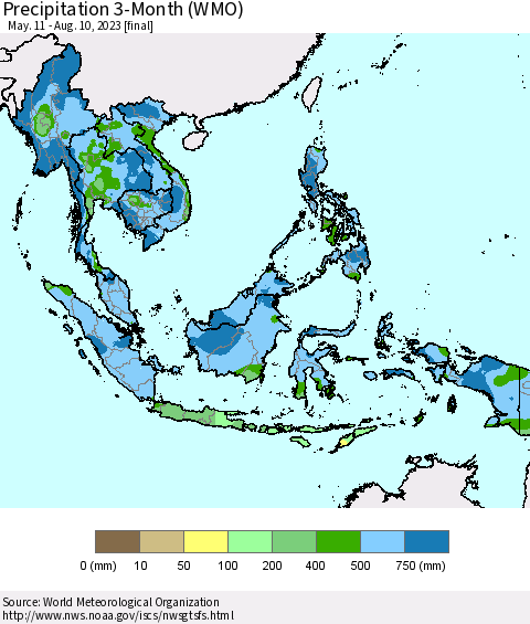 South East Asia Precipitation 3-Month (WMO) Thematic Map For 5/11/2023 - 8/10/2023