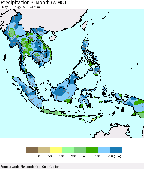 South East Asia Precipitation 3-Month (WMO) Thematic Map For 5/16/2023 - 8/15/2023