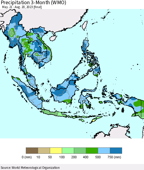 South East Asia Precipitation 3-Month (WMO) Thematic Map For 5/21/2023 - 8/20/2023