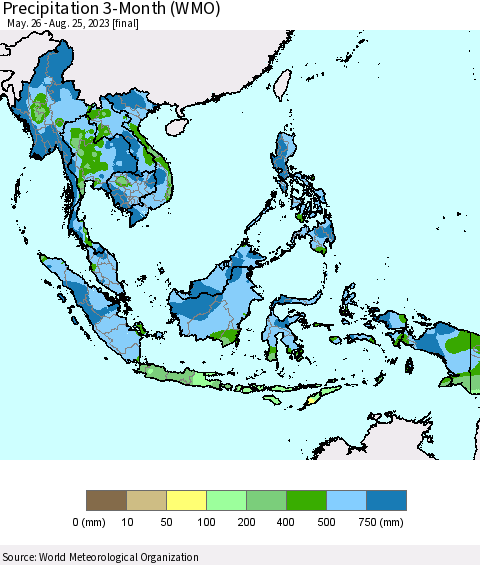 South East Asia Precipitation 3-Month (WMO) Thematic Map For 5/26/2023 - 8/25/2023