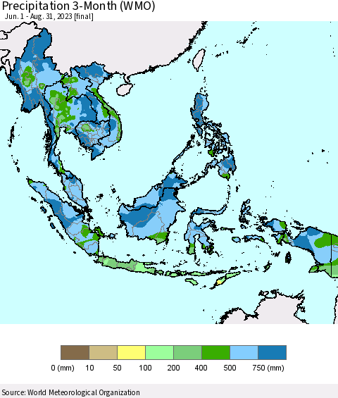 South East Asia Precipitation 3-Month (WMO) Thematic Map For 6/1/2023 - 8/31/2023