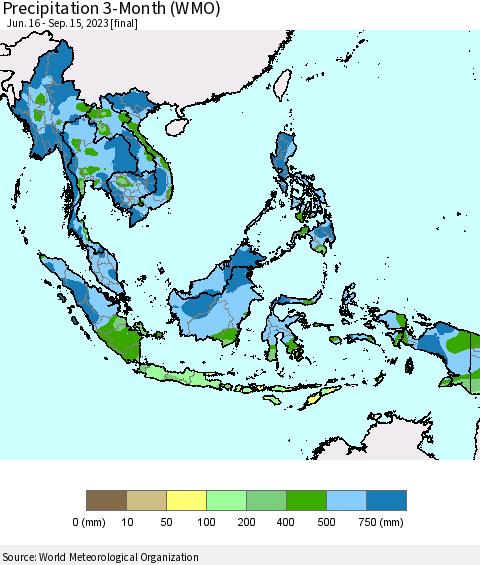 South East Asia Precipitation 3-Month (WMO) Thematic Map For 6/16/2023 - 9/15/2023
