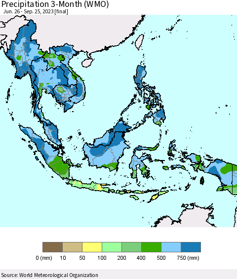 South East Asia Precipitation 3-Month (WMO) Thematic Map For 6/26/2023 - 9/25/2023