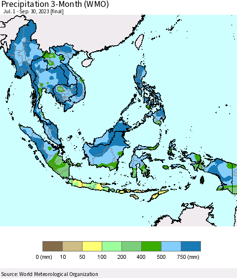 South East Asia Precipitation 3-Month (WMO) Thematic Map For 7/1/2023 - 9/30/2023