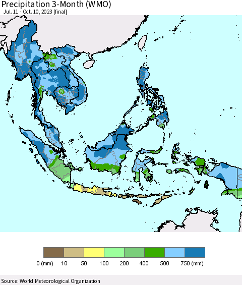 South East Asia Precipitation 3-Month (WMO) Thematic Map For 7/11/2023 - 10/10/2023