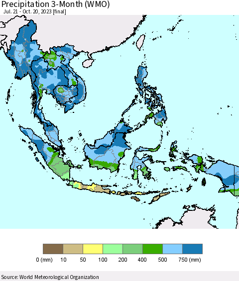 South East Asia Precipitation 3-Month (WMO) Thematic Map For 7/21/2023 - 10/20/2023