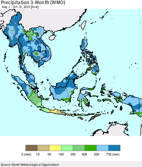 South East Asia Precipitation 3-Month (WMO) Thematic Map For 8/1/2023 - 10/31/2023