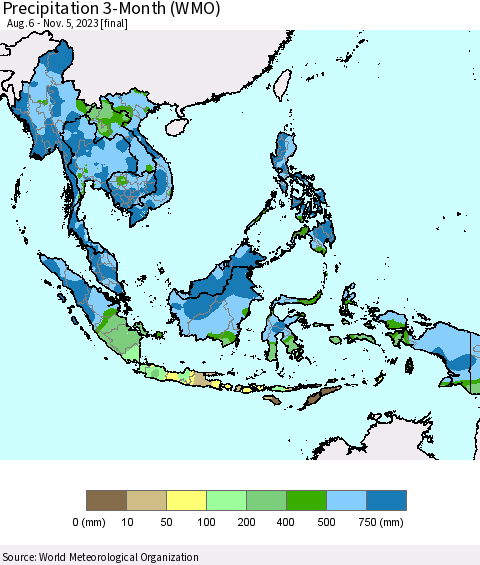 South East Asia Precipitation 3-Month (WMO) Thematic Map For 8/6/2023 - 11/5/2023