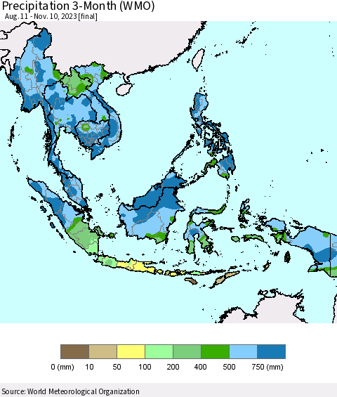 South East Asia Precipitation 3-Month (WMO) Thematic Map For 8/11/2023 - 11/10/2023