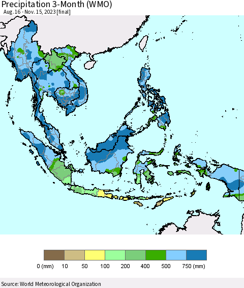 South East Asia Precipitation 3-Month (WMO) Thematic Map For 8/16/2023 - 11/15/2023