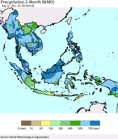 South East Asia Precipitation 3-Month (WMO) Thematic Map For 8/21/2023 - 11/20/2023