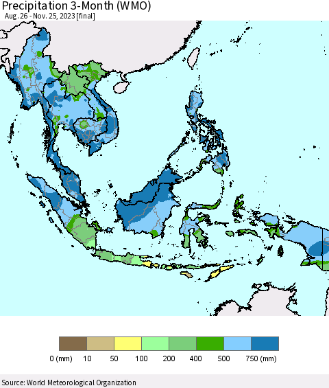 South East Asia Precipitation 3-Month (WMO) Thematic Map For 8/26/2023 - 11/25/2023