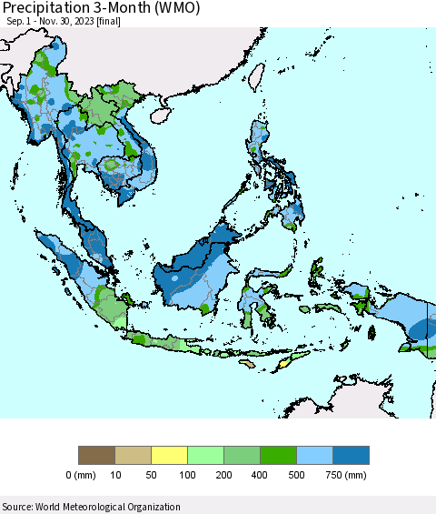 South East Asia Precipitation 3-Month (WMO) Thematic Map For 9/1/2023 - 11/30/2023