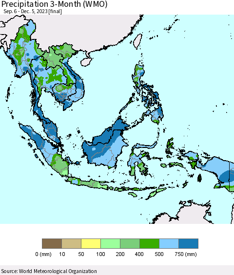 South East Asia Precipitation 3-Month (WMO) Thematic Map For 9/6/2023 - 12/5/2023