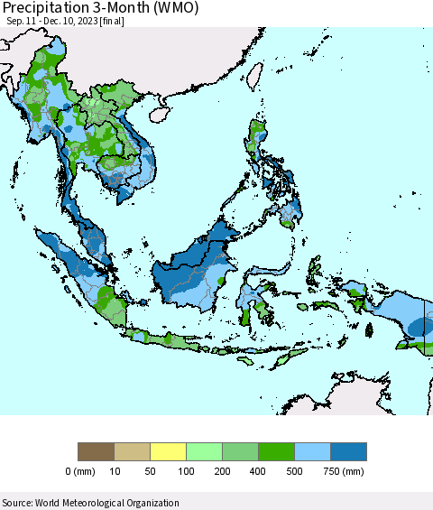 South East Asia Precipitation 3-Month (WMO) Thematic Map For 9/11/2023 - 12/10/2023