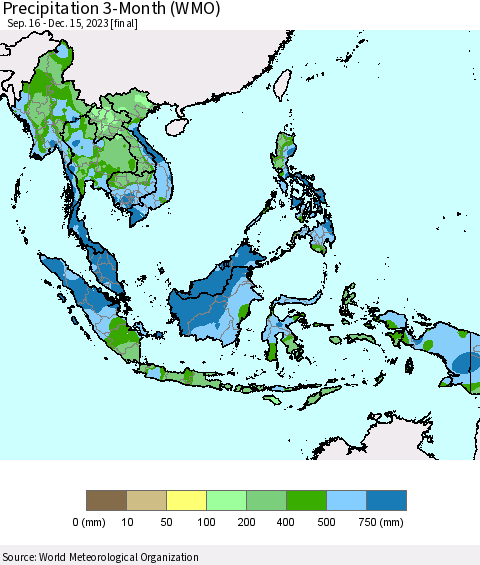 South East Asia Precipitation 3-Month (WMO) Thematic Map For 9/16/2023 - 12/15/2023