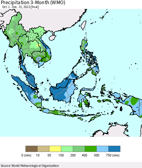 South East Asia Precipitation 3-Month (WMO) Thematic Map For 10/1/2023 - 12/31/2023