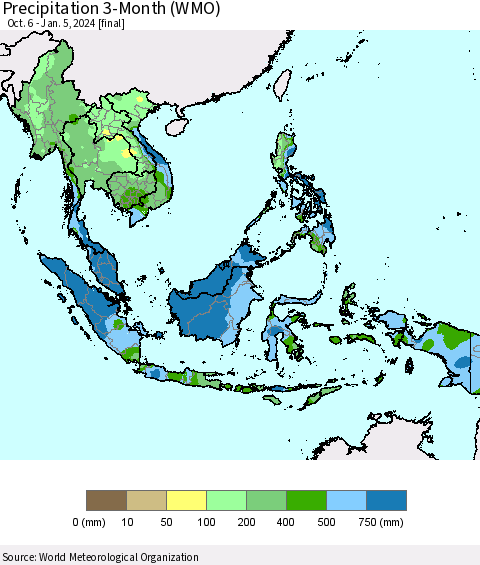 South East Asia Precipitation 3-Month (WMO) Thematic Map For 10/6/2023 - 1/5/2024