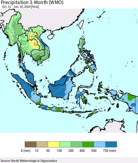 South East Asia Precipitation 3-Month (WMO) Thematic Map For 10/11/2023 - 1/10/2024