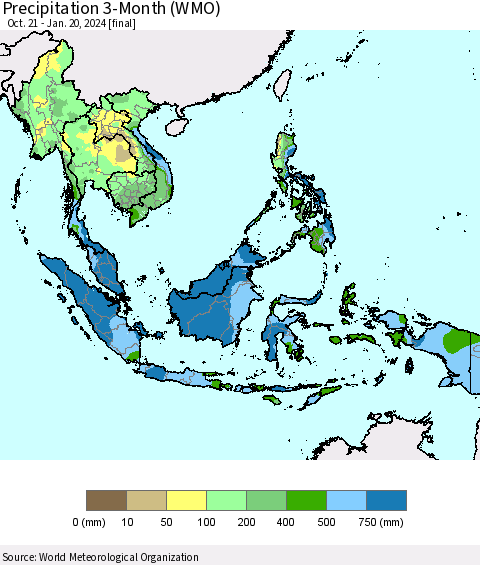 South East Asia Precipitation 3-Month (WMO) Thematic Map For 10/21/2023 - 1/20/2024