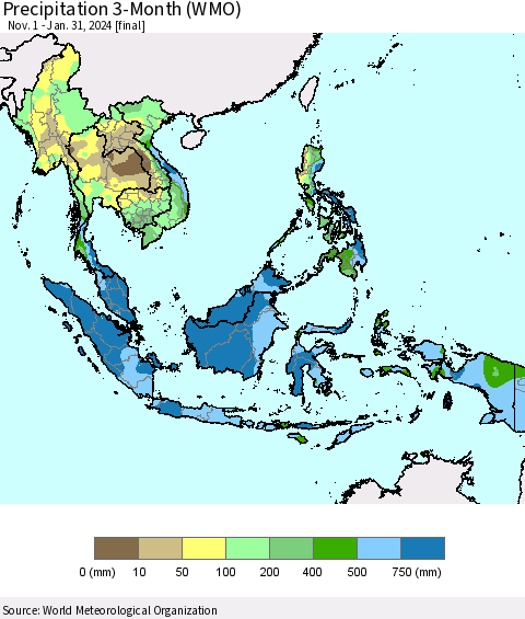South East Asia Precipitation 3-Month (WMO) Thematic Map For 11/1/2023 - 1/31/2024