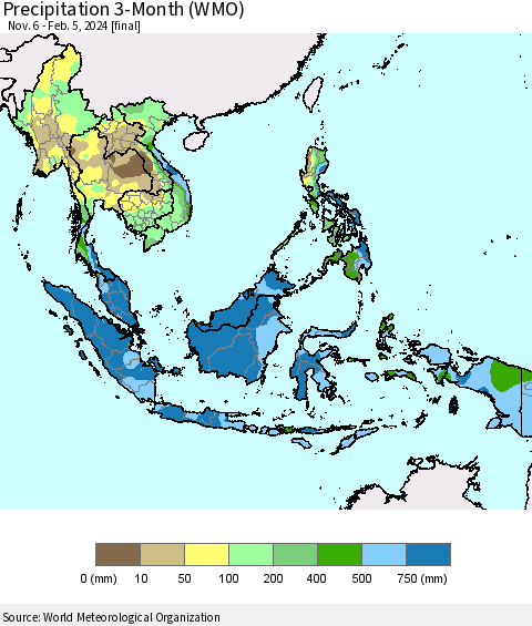 South East Asia Precipitation 3-Month (WMO) Thematic Map For 11/6/2023 - 2/5/2024