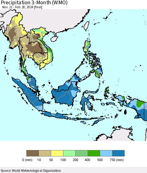 South East Asia Precipitation 3-Month (WMO) Thematic Map For 11/21/2023 - 2/20/2024