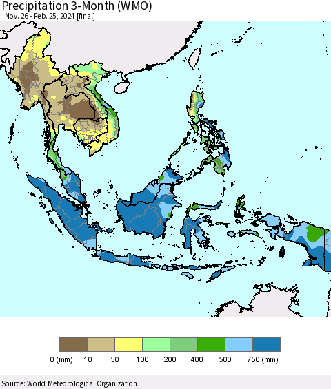 South East Asia Precipitation 3-Month (WMO) Thematic Map For 11/26/2023 - 2/25/2024