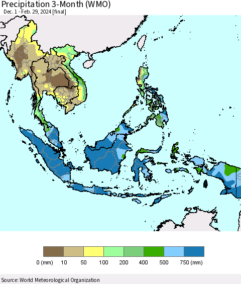 South East Asia Precipitation 3-Month (WMO) Thematic Map For 12/1/2023 - 2/29/2024