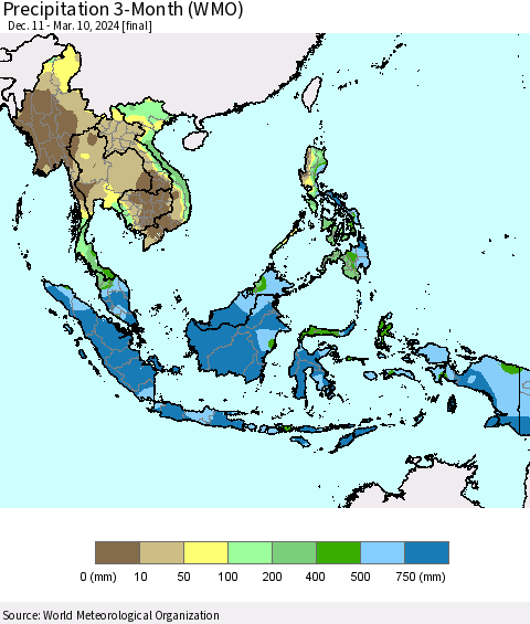 South East Asia Precipitation 3-Month (WMO) Thematic Map For 12/11/2023 - 3/10/2024