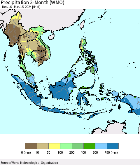 South East Asia Precipitation 3-Month (WMO) Thematic Map For 12/16/2023 - 3/15/2024