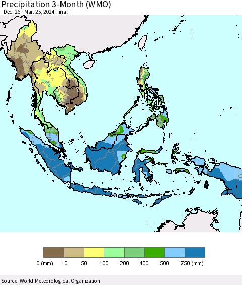 South East Asia Precipitation 3-Month (WMO) Thematic Map For 12/26/2023 - 3/25/2024