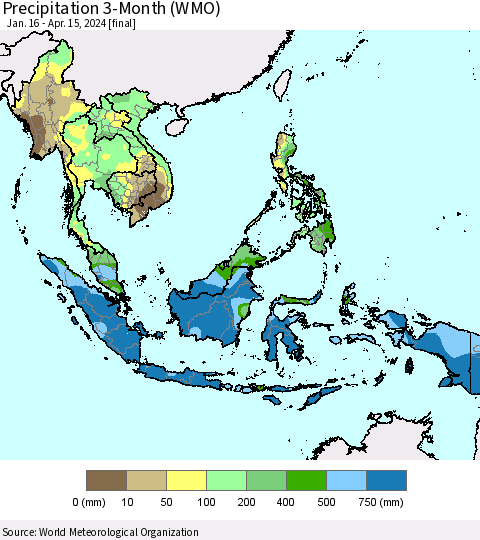 South East Asia Precipitation 3-Month (WMO) Thematic Map For 1/16/2024 - 4/15/2024