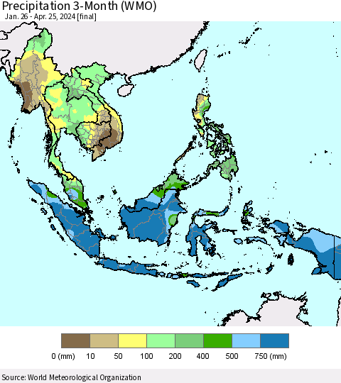 South East Asia Precipitation 3-Month (WMO) Thematic Map For 1/26/2024 - 4/25/2024