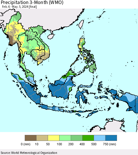 South East Asia Precipitation 3-Month (WMO) Thematic Map For 2/6/2024 - 5/5/2024