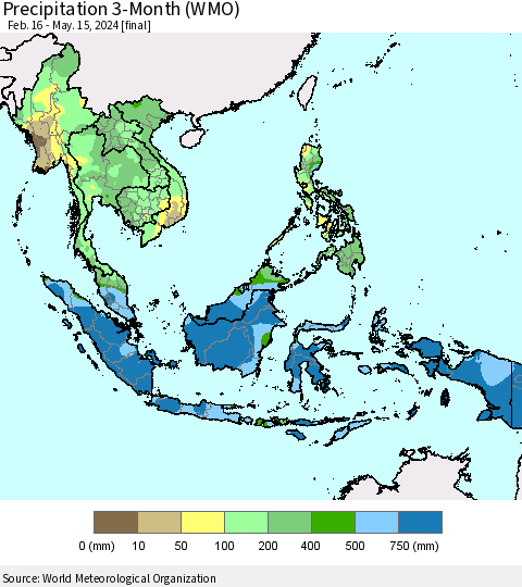 South East Asia Precipitation 3-Month (WMO) Thematic Map For 2/16/2024 - 5/15/2024