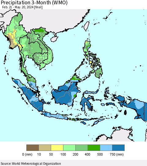 South East Asia Precipitation 3-Month (WMO) Thematic Map For 2/21/2024 - 5/20/2024